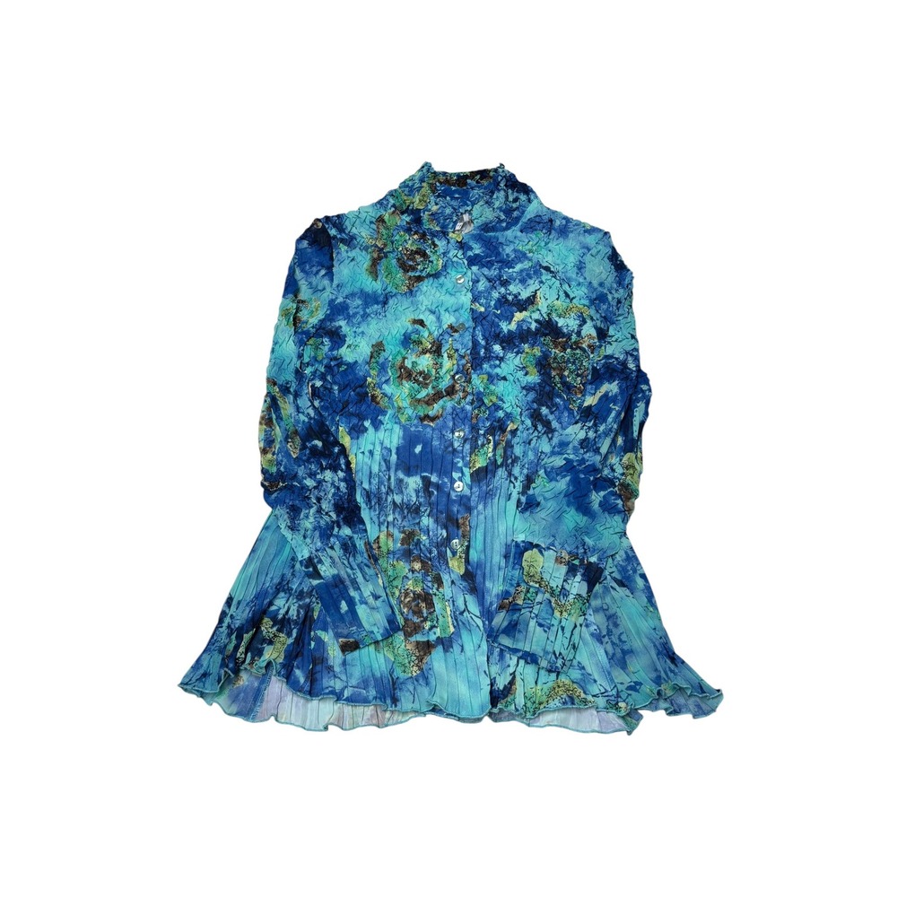Alberto‎ Makali Blue Abstract Floral Popcorn Crinkle Pleated Blouse Womens Large